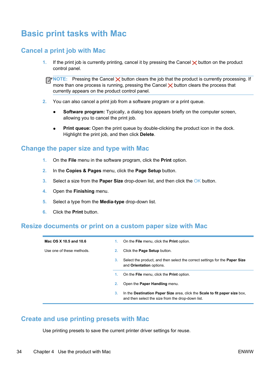 Basic print tasks with mac, Cancel a print job with mac, Change the paper size and type with mac | Create and use printing presets with mac | HP LaserJet Pro 400 color Printer M451 series User Manual | Page 52 / 242