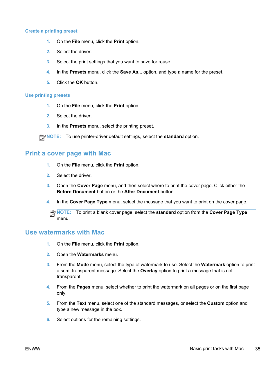 Use watermarks with mac, Print a cover page with mac | HP LaserJet Pro 400 color Printer M451 series User Manual | Page 53 / 242