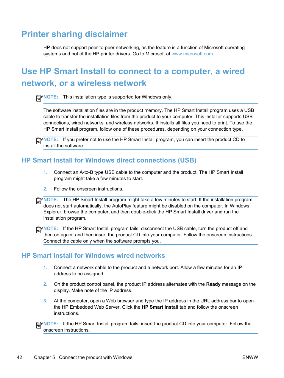 Printer sharing disclaimer, Hp smart install for windows wired networks | HP LaserJet Pro 400 color Printer M451 series User Manual | Page 60 / 242