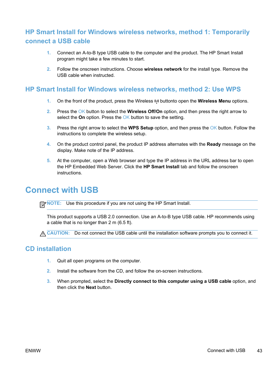 Connect with usb, Cd installation | HP LaserJet Pro 400 color Printer M451 series User Manual | Page 61 / 242