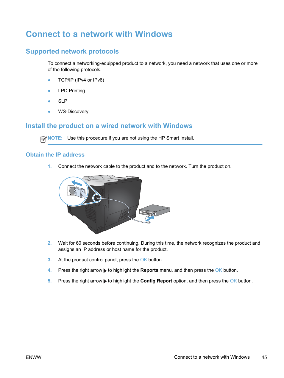 Connect to a network with windows, Supported network protocols, Obtain the ip address | HP LaserJet Pro 400 color Printer M451 series User Manual | Page 63 / 242