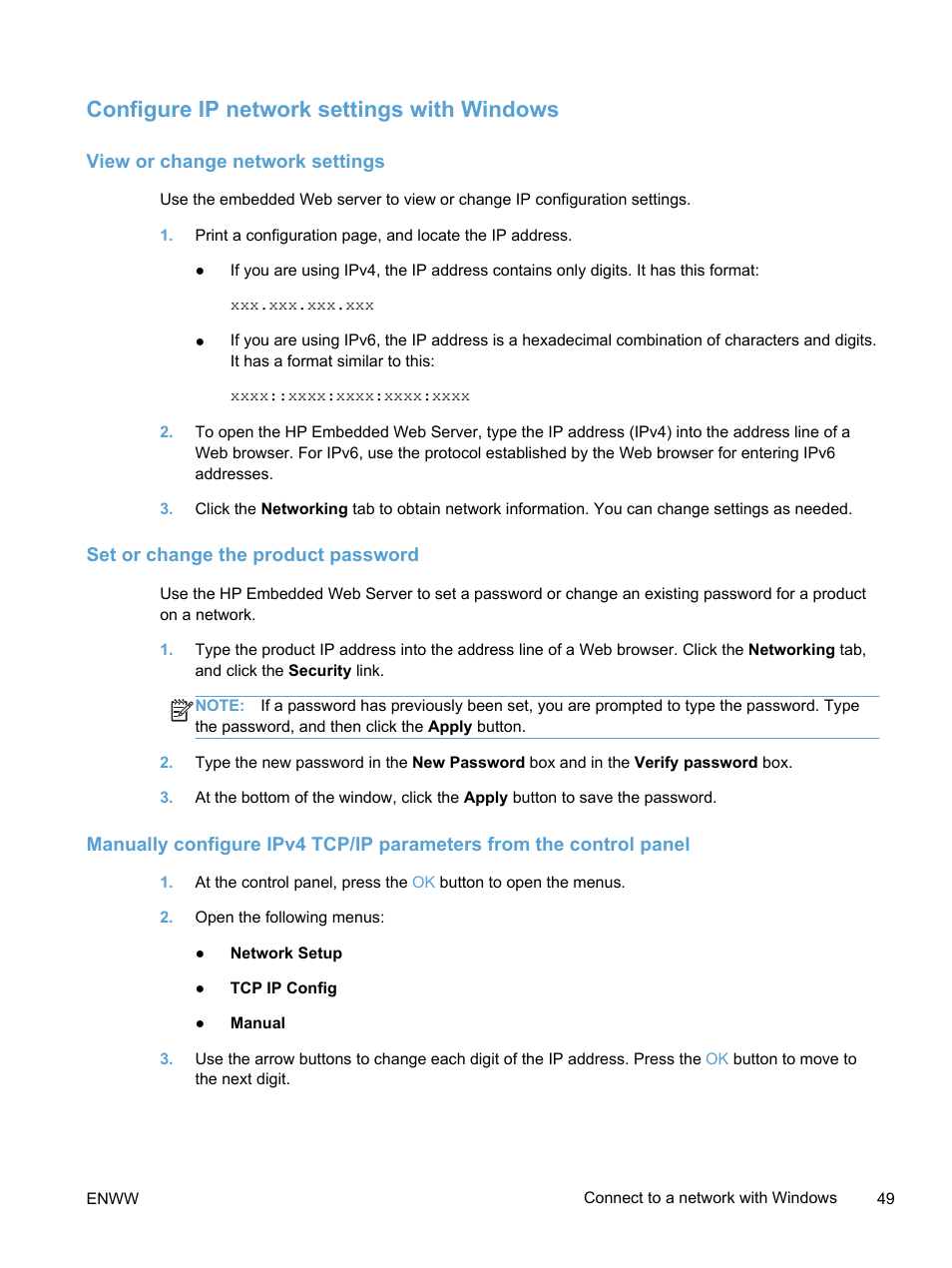 Configure ip network settings with windows, View or change network settings, Set or change the product password | HP LaserJet Pro 400 color Printer M451 series User Manual | Page 67 / 242