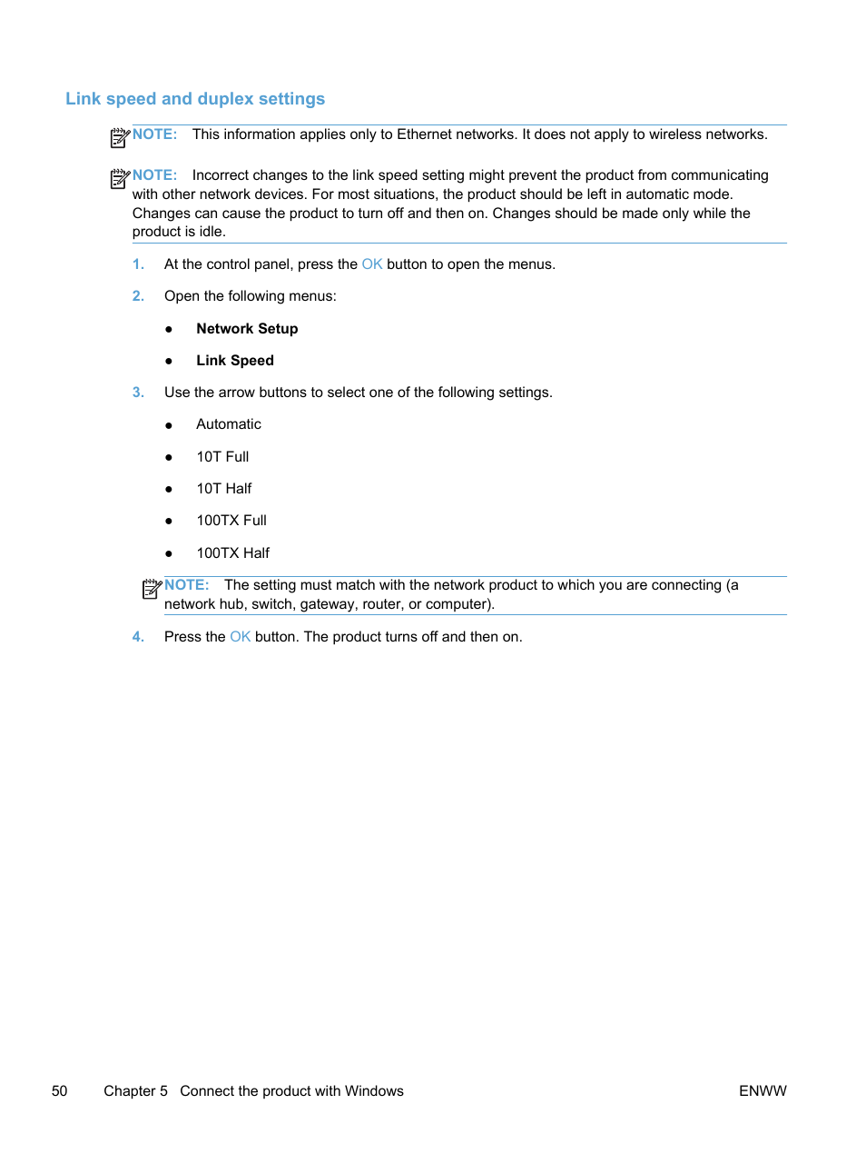 Link speed and duplex settings | HP LaserJet Pro 400 color Printer M451 series User Manual | Page 68 / 242