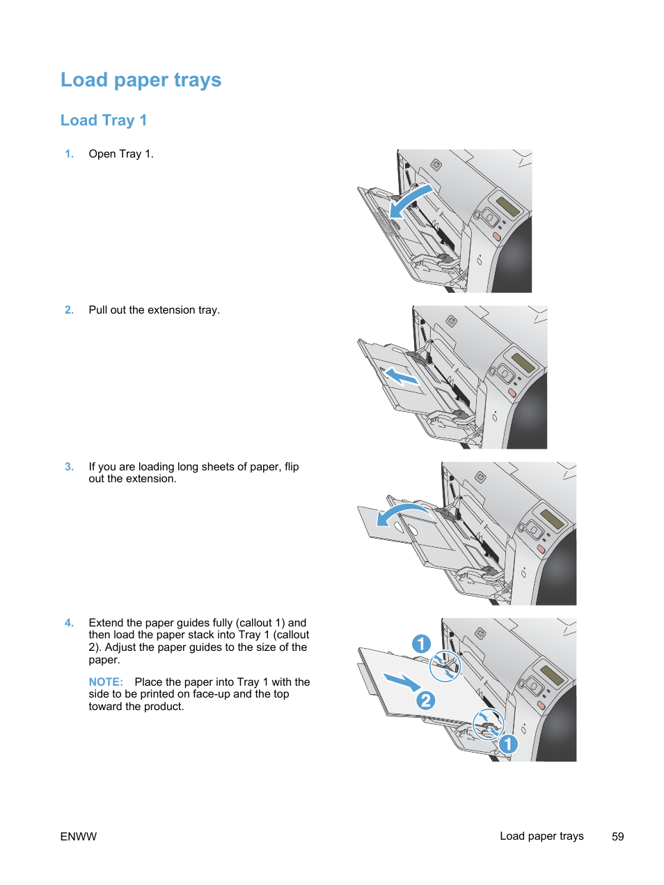 Load paper trays, Load tray 1 | HP LaserJet Pro 400 color Printer M451 series User Manual | Page 77 / 242