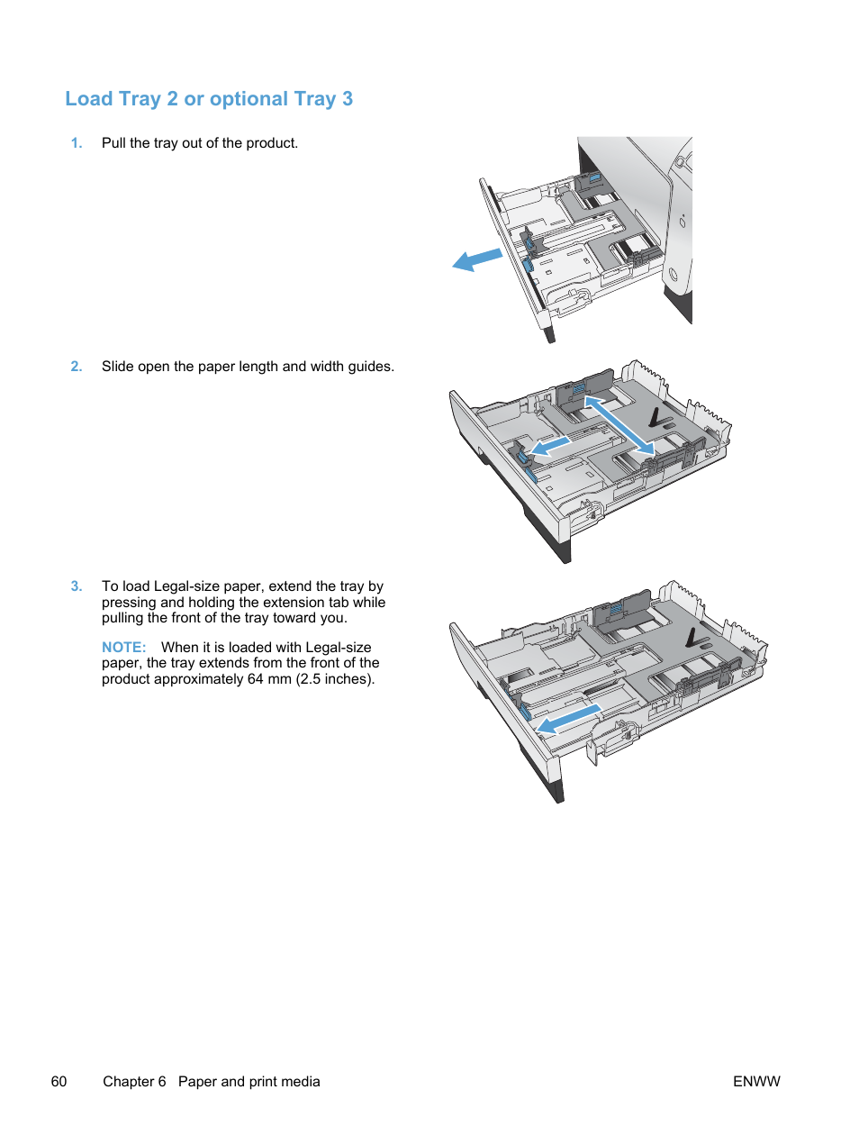 Load tray 2 or optional tray 3 | HP LaserJet Pro 400 color Printer M451 series User Manual | Page 78 / 242