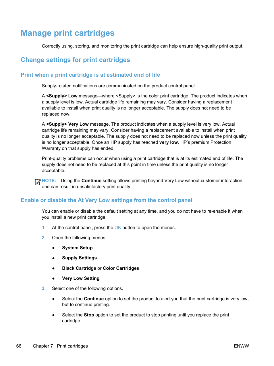 Manage print cartridges, Change settings for print cartridges | HP LaserJet Pro 400 color Printer M451 series User Manual | Page 84 / 242