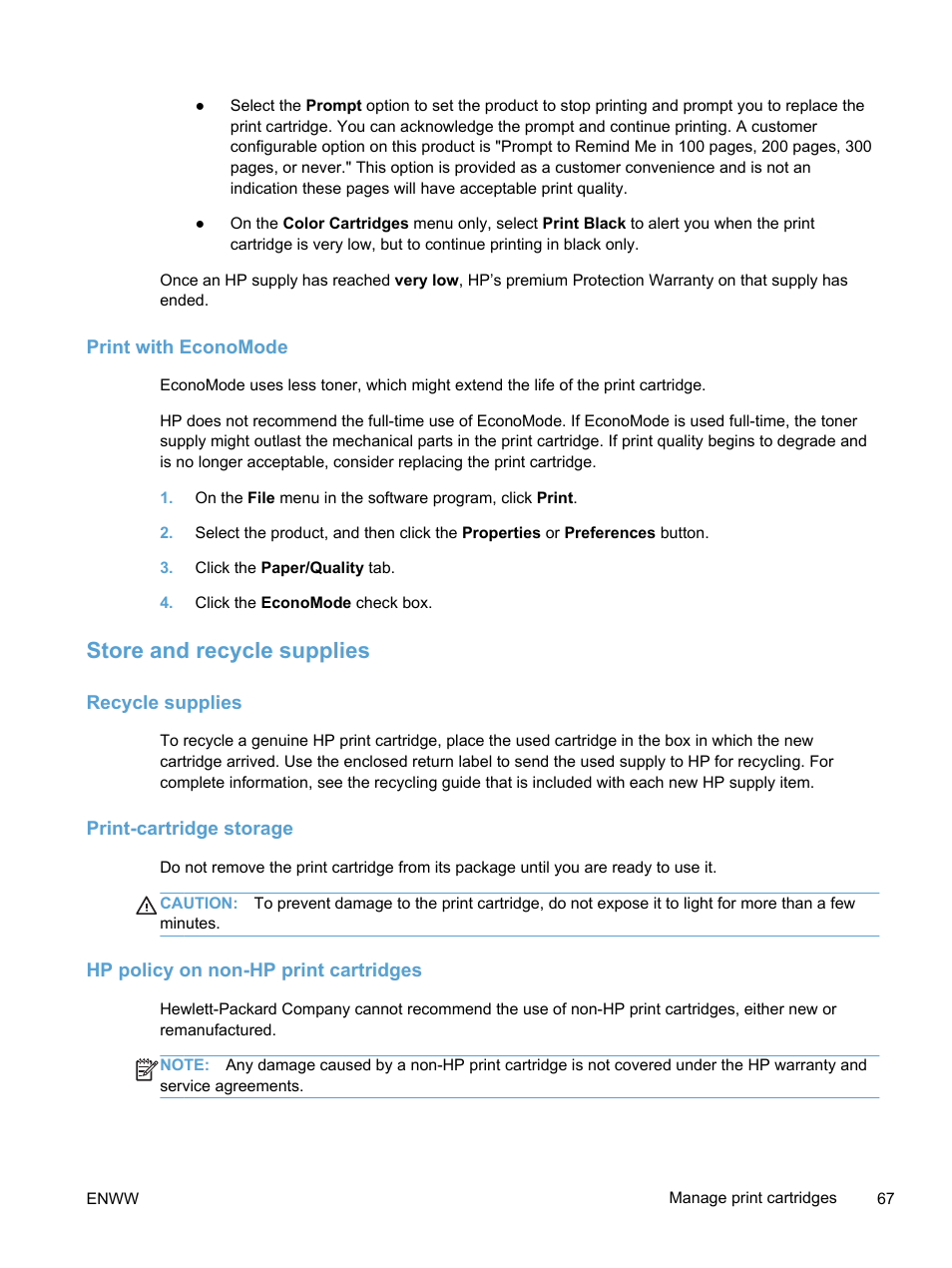 Print with economode, Store and recycle supplies, Recycle supplies | Print-cartridge storage, Hp policy on non-hp print cartridges | HP LaserJet Pro 400 color Printer M451 series User Manual | Page 85 / 242