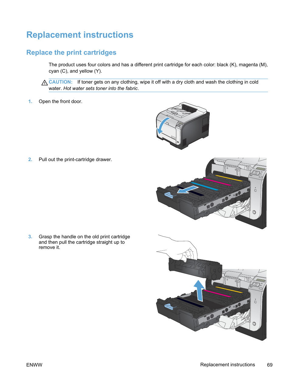 Replacement instructions, Replace the print cartridges | HP LaserJet Pro 400 color Printer M451 series User Manual | Page 87 / 242