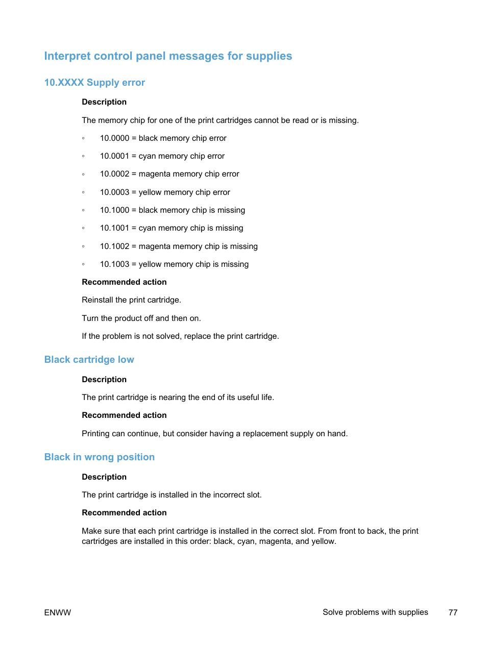 Interpret control panel messages for supplies, Xxxx supply error, Black cartridge low | Black in wrong position | HP LaserJet Pro 400 color Printer M451 series User Manual | Page 95 / 242