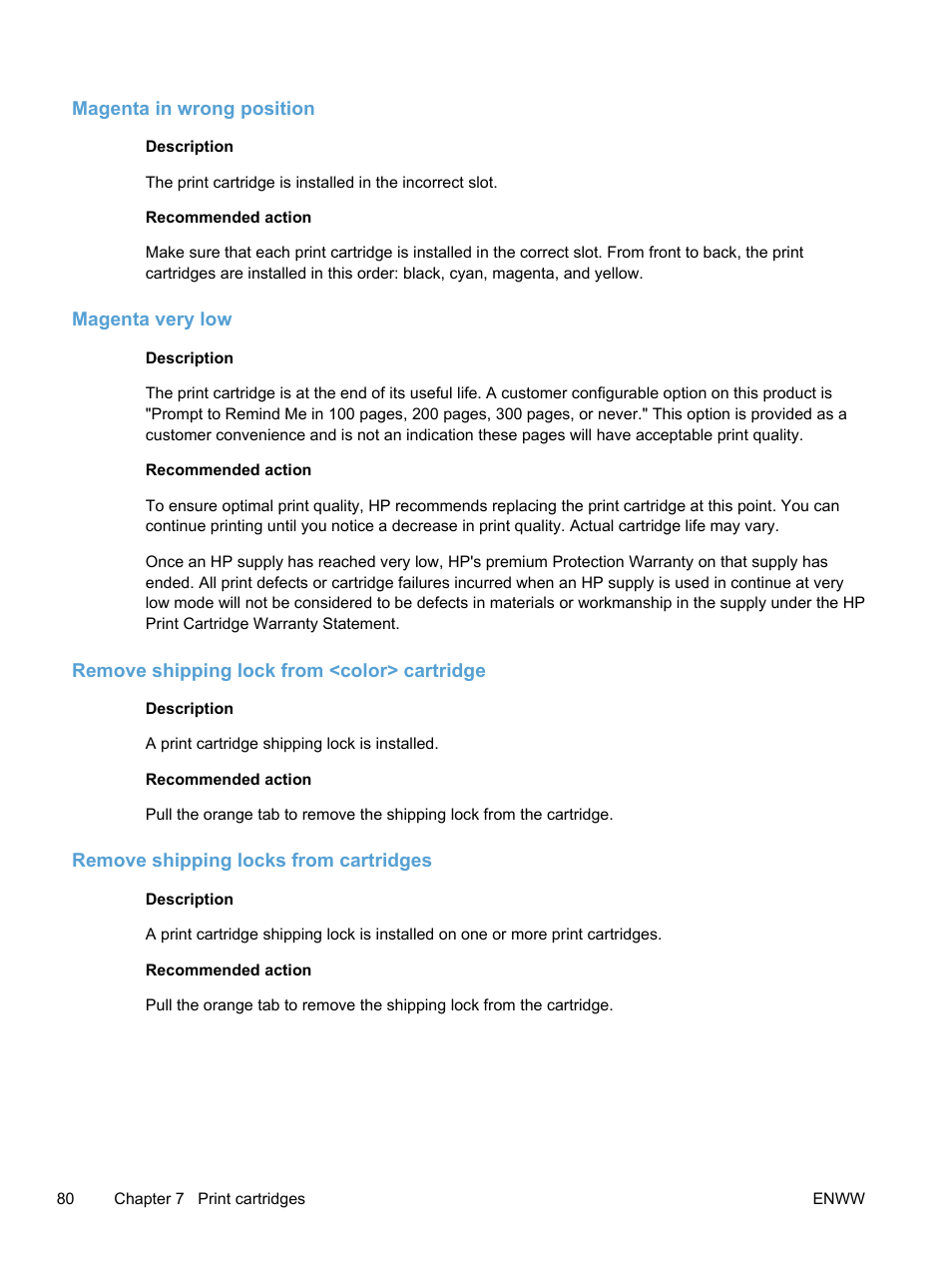 Magenta in wrong position, Magenta very low, Remove shipping lock from <color> cartridge | Remove shipping locks from cartridges | HP LaserJet Pro 400 color Printer M451 series User Manual | Page 98 / 242