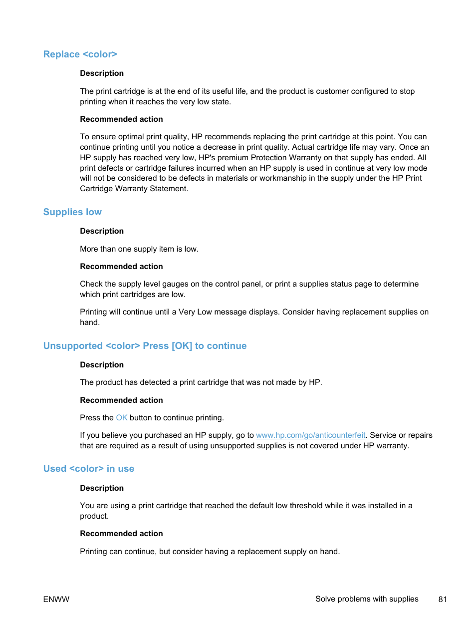 Replace <color, Supplies low, Unsupported <color> press [ok] to continue | Used <color> in use | HP LaserJet Pro 400 color Printer M451 series User Manual | Page 99 / 242