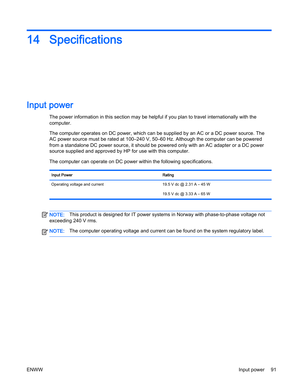 Specifications, Input power, 14 specifications | HP EliteBook 725 G2 Notebook PC User Manual | Page 101 / 114
