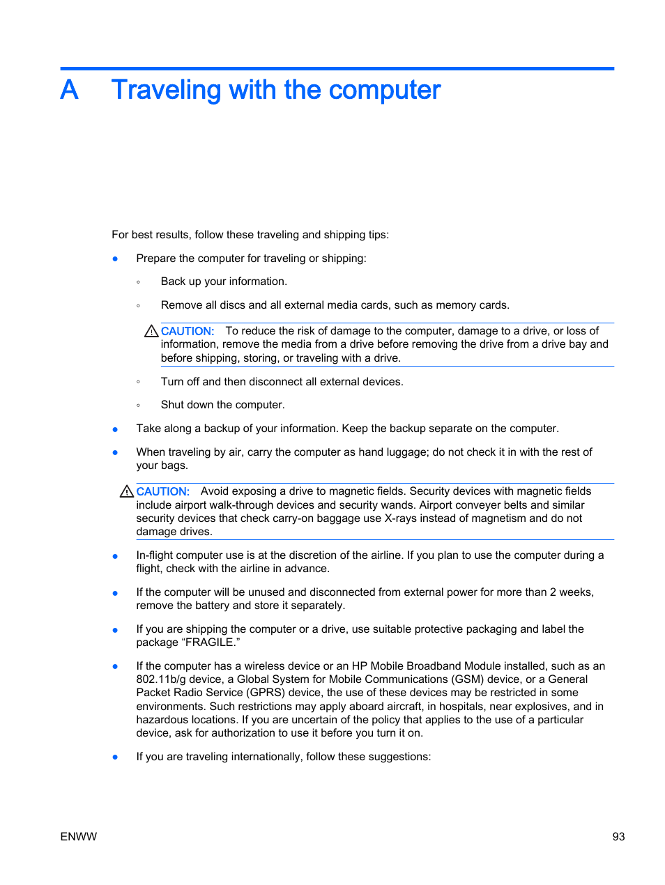 Traveling with the computer, Appendix a traveling with the computer, A traveling with the computer | HP EliteBook 725 G2 Notebook PC User Manual | Page 103 / 114