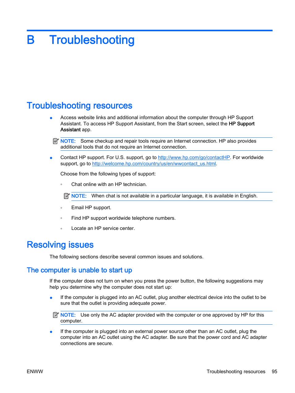 Troubleshooting, Troubleshooting resources, Resolving issues | The computer is unable to start up, Appendix b troubleshooting, Troubleshooting resources resolving issues, B troubleshooting | HP EliteBook 725 G2 Notebook PC User Manual | Page 105 / 114