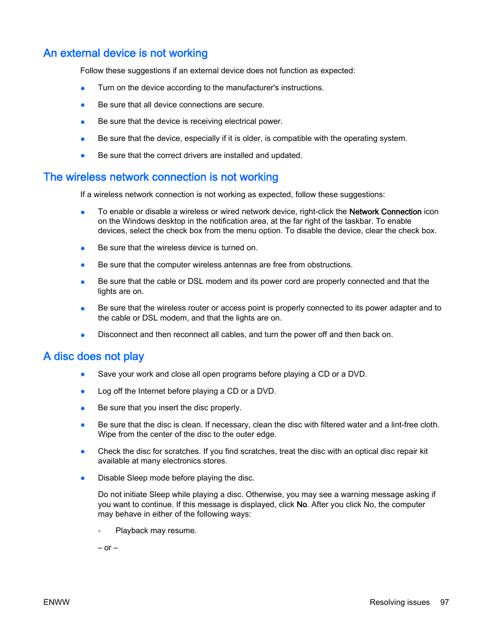 An external device is not working, The wireless network connection is not working, A disc does not play | HP EliteBook 725 G2 Notebook PC User Manual | Page 107 / 114