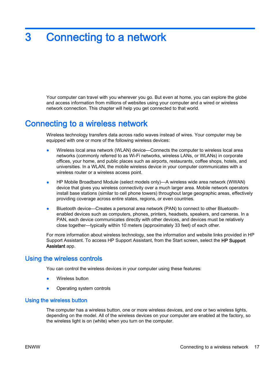 Connecting to a network, Connecting to a wireless network, Using the wireless controls | Using the wireless button, 3 connecting to a network, 3connecting to a network | HP EliteBook 725 G2 Notebook PC User Manual | Page 27 / 114