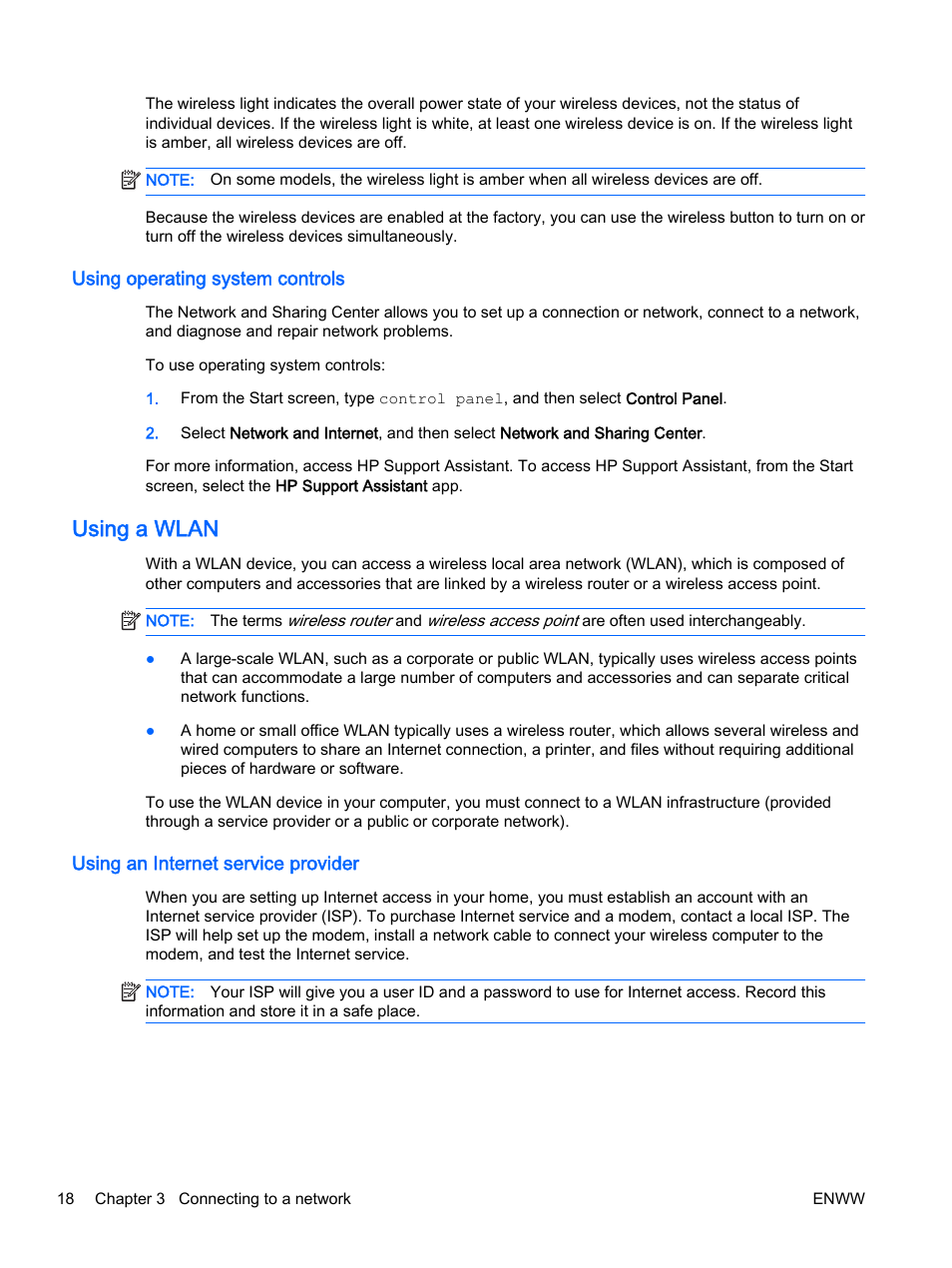 Using operating system controls, Using a wlan, Using an internet service provider | HP EliteBook 725 G2 Notebook PC User Manual | Page 28 / 114