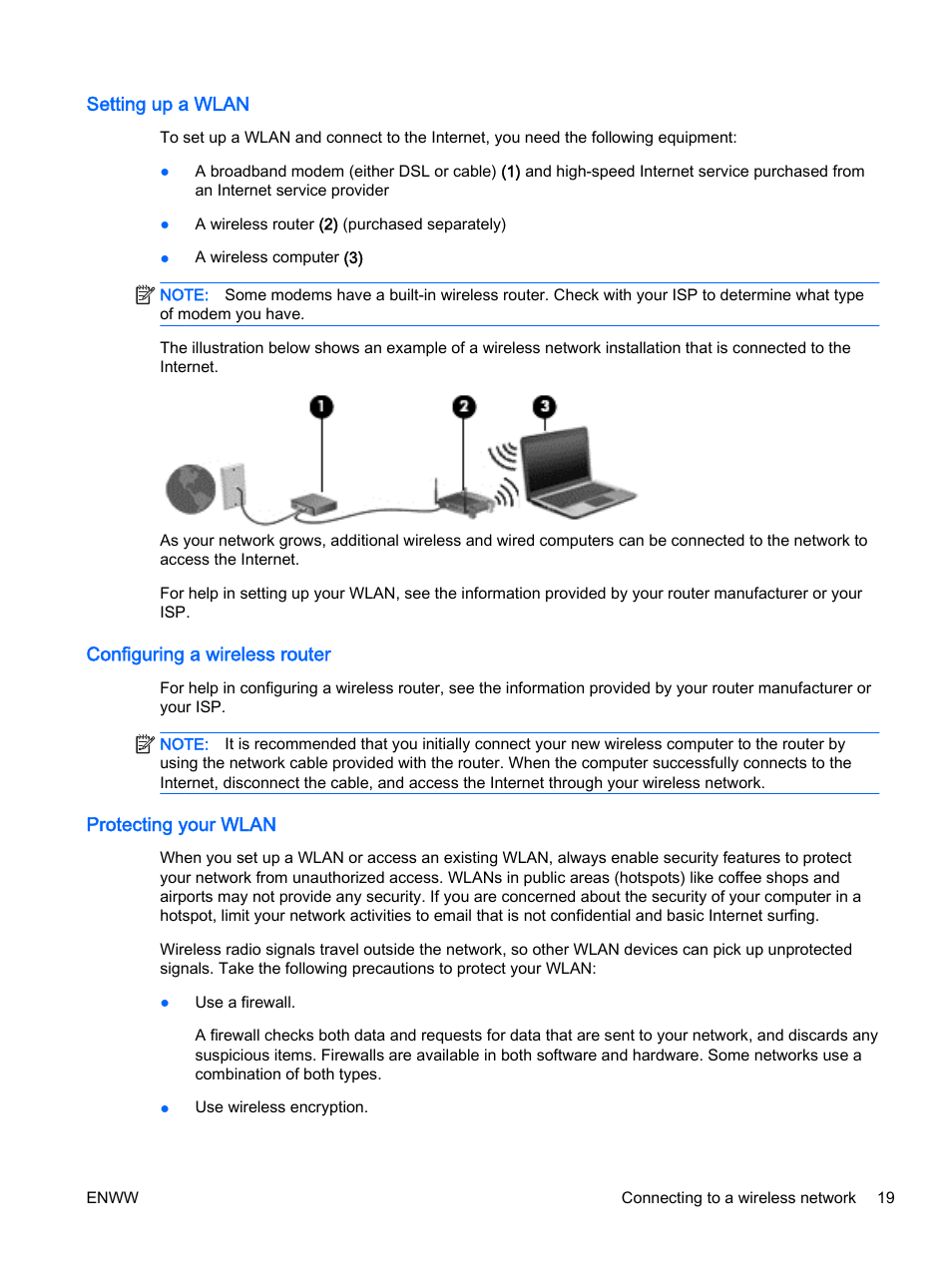 Setting up a wlan, Configuring a wireless router, Protecting your wlan | HP EliteBook 725 G2 Notebook PC User Manual | Page 29 / 114