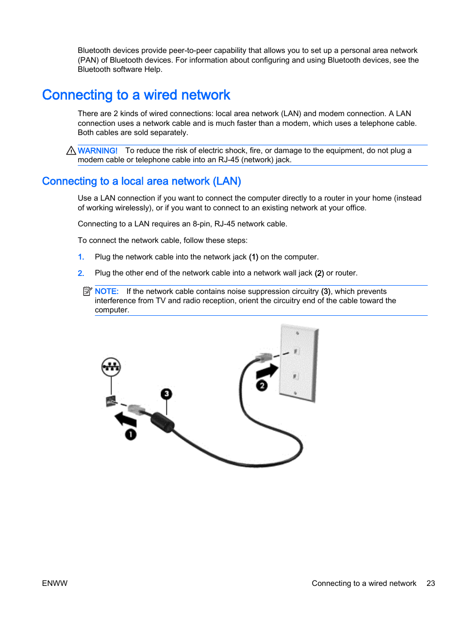 Connecting to a wired network, Connecting to a local area network (lan) | HP EliteBook 725 G2 Notebook PC User Manual | Page 33 / 114