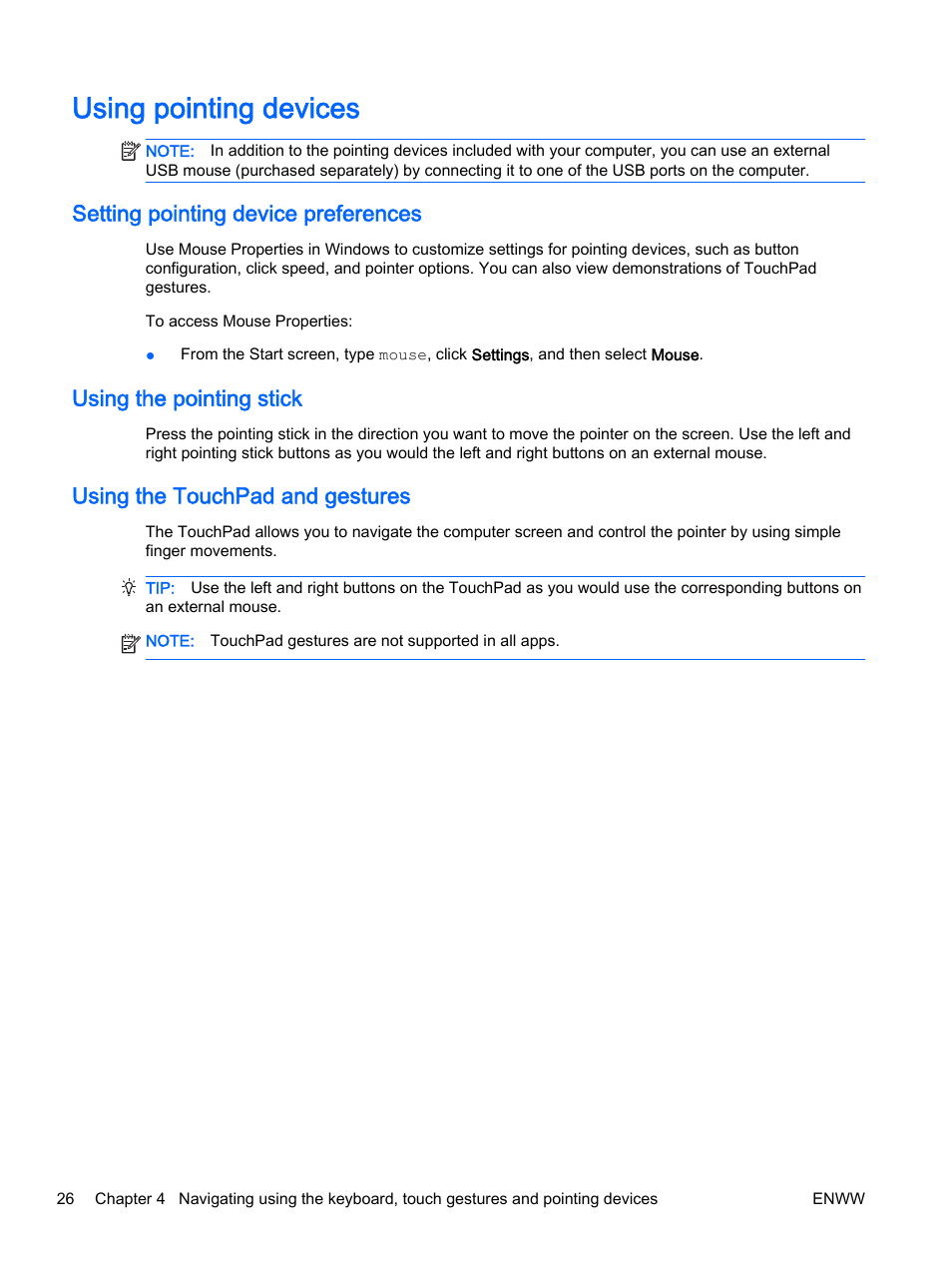 Using pointing devices, Setting pointing device preferences, Using the pointing stick | Using the touchpad and gestures | HP EliteBook 725 G2 Notebook PC User Manual | Page 36 / 114