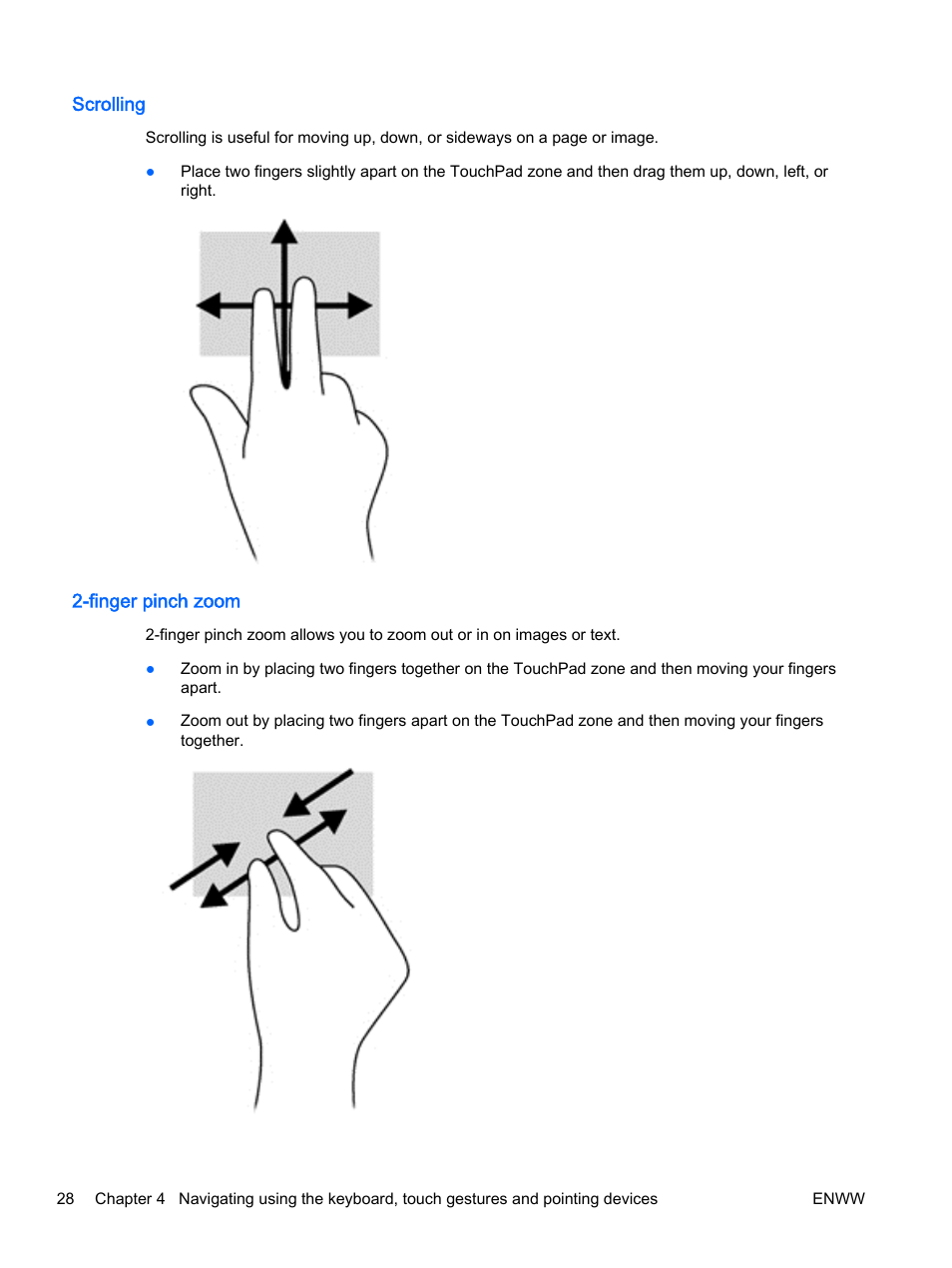 Scrolling, Finger pinch zoom, Scrolling 2-finger pinch zoom | HP EliteBook 725 G2 Notebook PC User Manual | Page 38 / 114