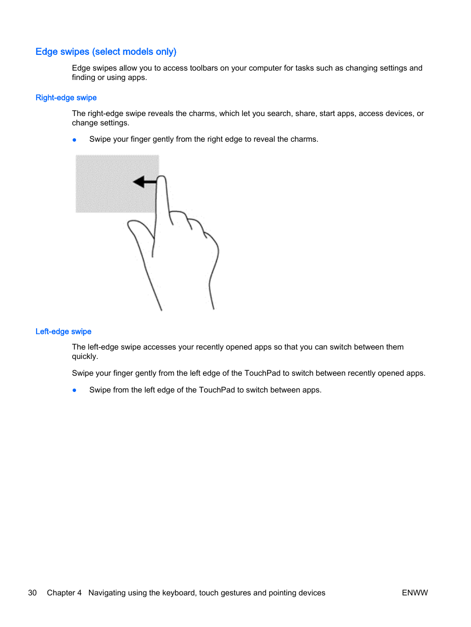 Edge swipes (select models only), Right-edge swipe, Left-edge swipe | Right-edge swipe left-edge swipe | HP EliteBook 725 G2 Notebook PC User Manual | Page 40 / 114