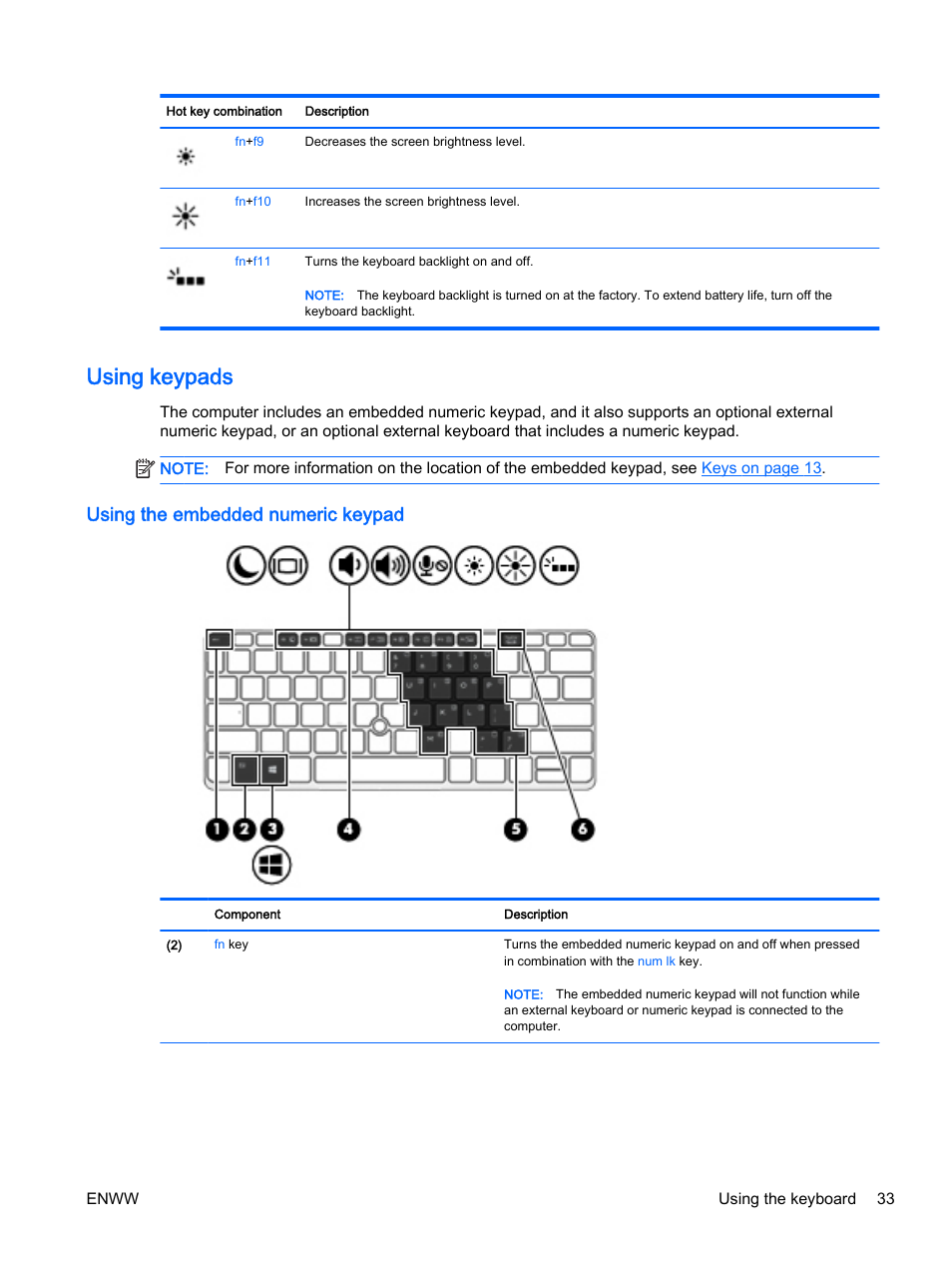 Using keypads, Using the embedded numeric keypad | HP EliteBook 725 G2 Notebook PC User Manual | Page 43 / 114