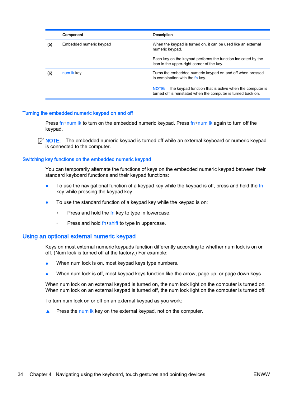 Turning the embedded numeric keypad on and off, Using an optional external numeric keypad | HP EliteBook 725 G2 Notebook PC User Manual | Page 44 / 114