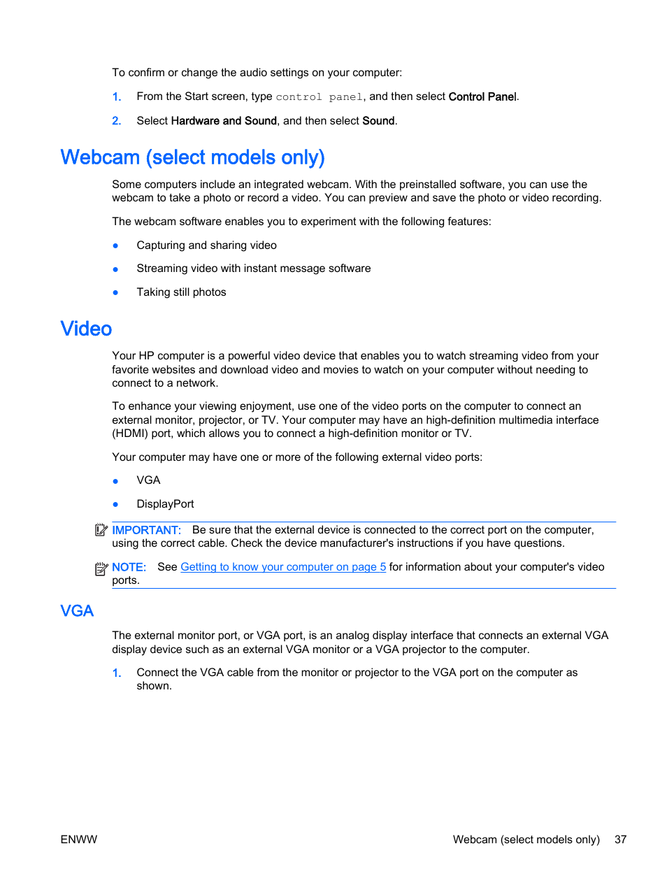 Webcam (select models only), Video, Webcam (select models only) video | HP EliteBook 725 G2 Notebook PC User Manual | Page 47 / 114