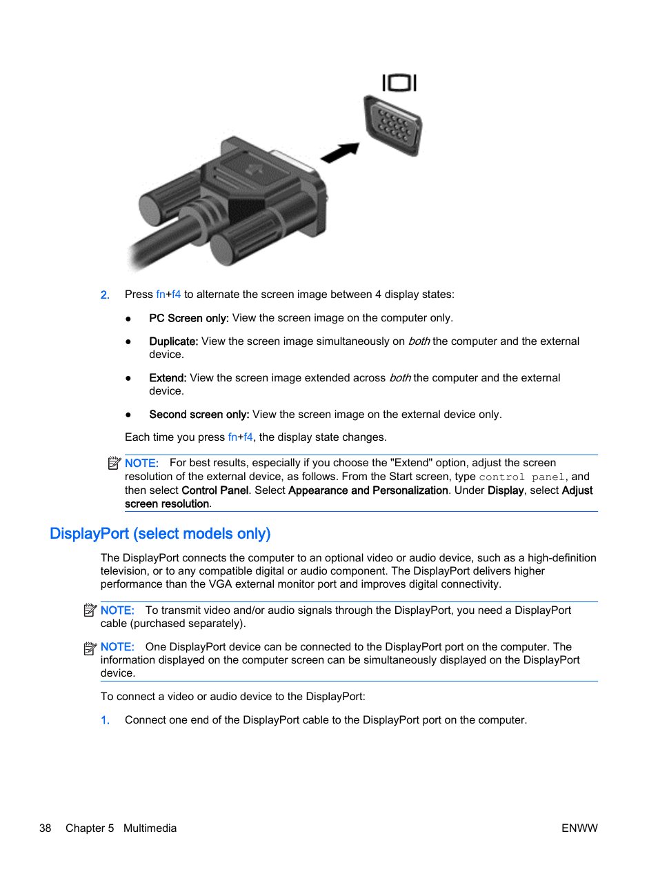 Displayport (select models only) | HP EliteBook 725 G2 Notebook PC User Manual | Page 48 / 114