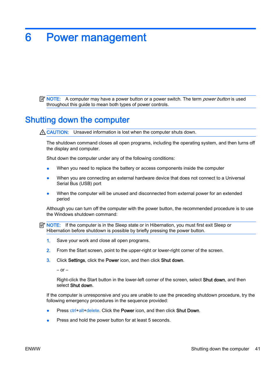 Power management, Shutting down the computer, 6 power management | 6power management | HP EliteBook 725 G2 Notebook PC User Manual | Page 51 / 114