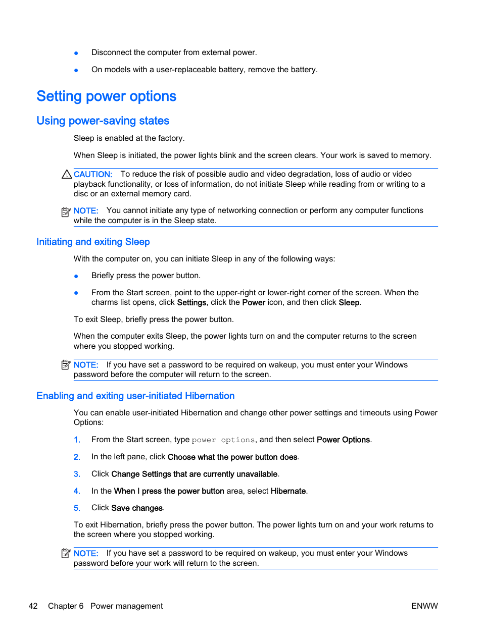 Setting power options, Using power-saving states, Initiating and exiting sleep | Enabling and exiting user-initiated hibernation | HP EliteBook 725 G2 Notebook PC User Manual | Page 52 / 114