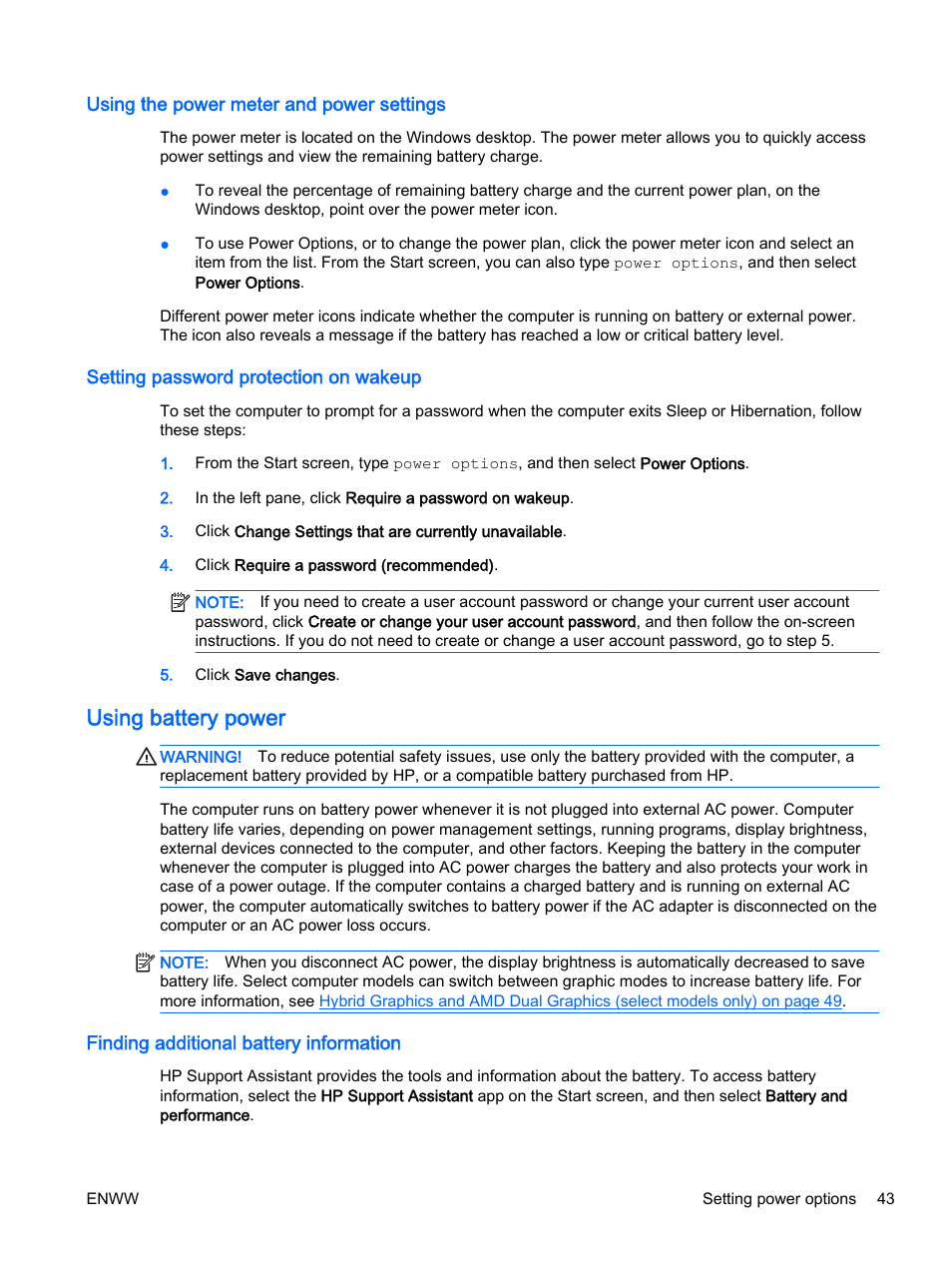 Using the power meter and power settings, Setting password protection on wakeup, Using battery power | Finding additional battery information | HP EliteBook 725 G2 Notebook PC User Manual | Page 53 / 114