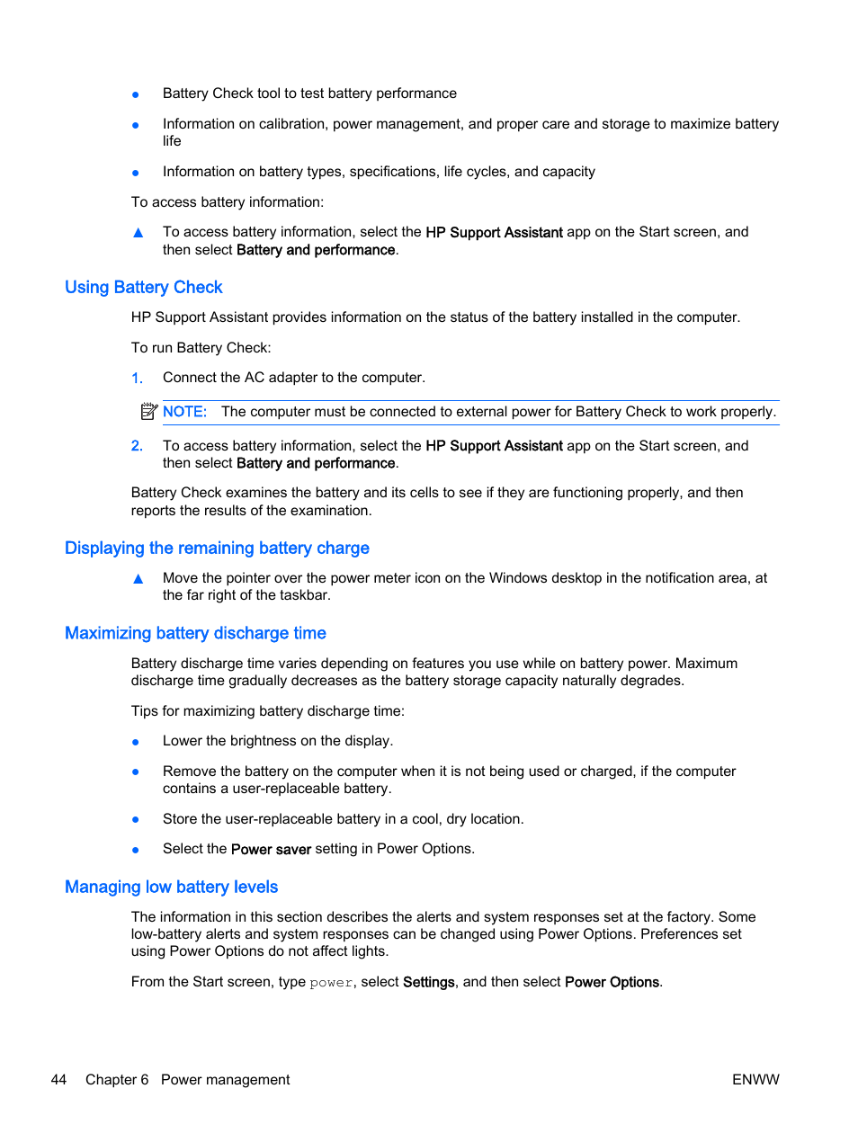 Using battery check, Displaying the remaining battery charge, Maximizing battery discharge time | Managing low battery levels | HP EliteBook 725 G2 Notebook PC User Manual | Page 54 / 114
