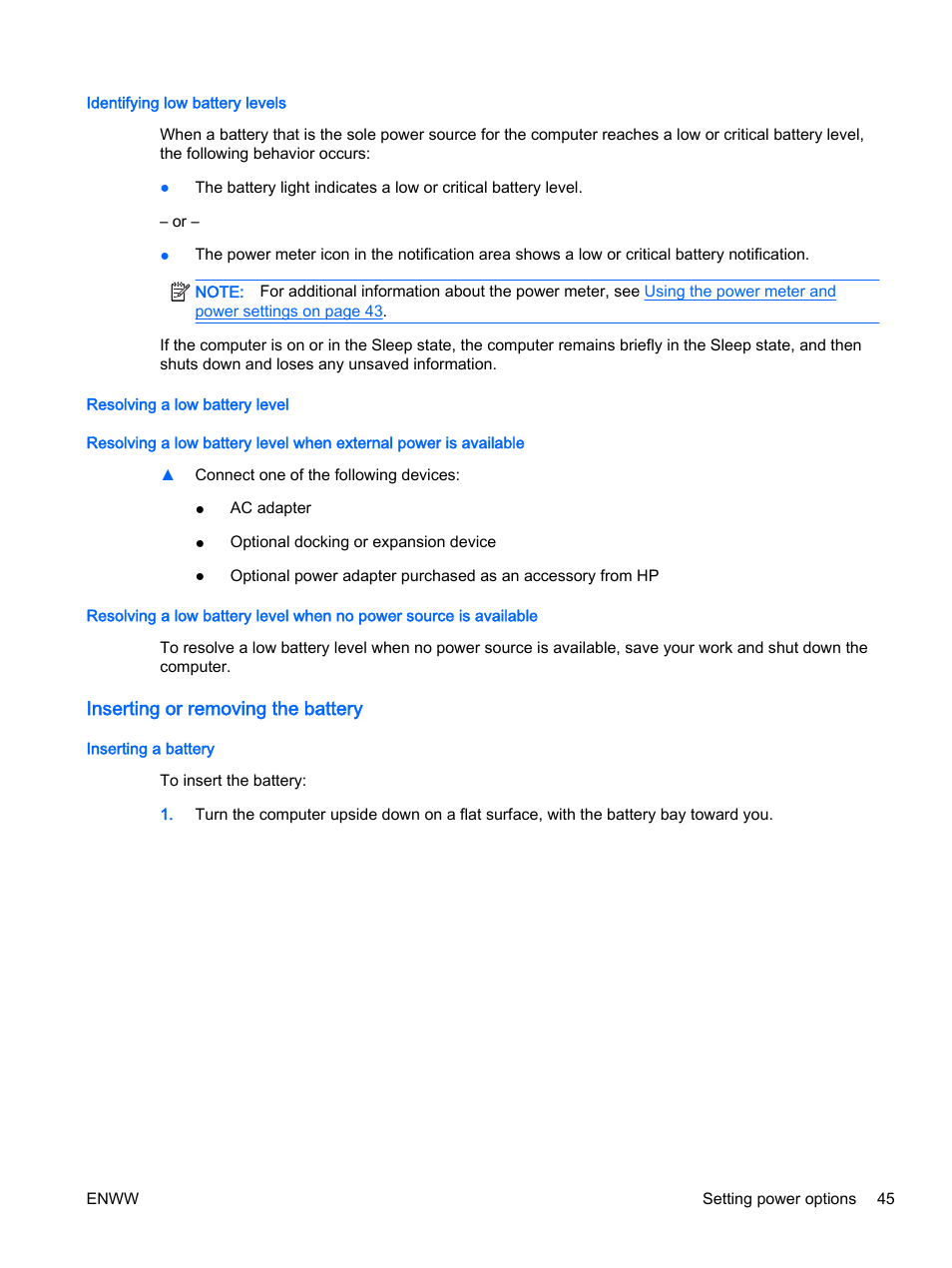 Identifying low battery levels, Resolving a low battery level, Inserting or removing the battery | Inserting a battery | HP EliteBook 725 G2 Notebook PC User Manual | Page 55 / 114