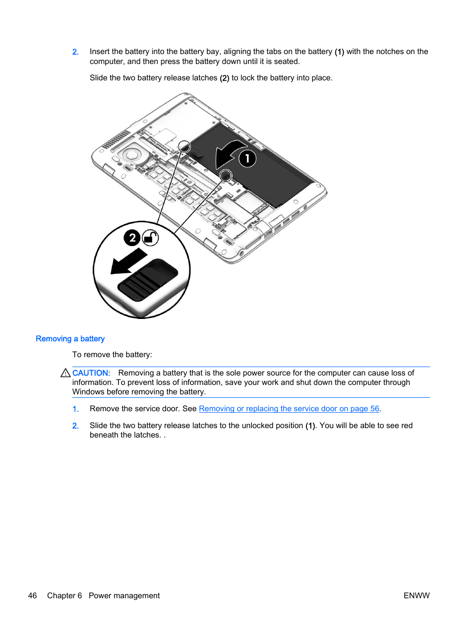 Removing a battery | HP EliteBook 725 G2 Notebook PC User Manual | Page 56 / 114
