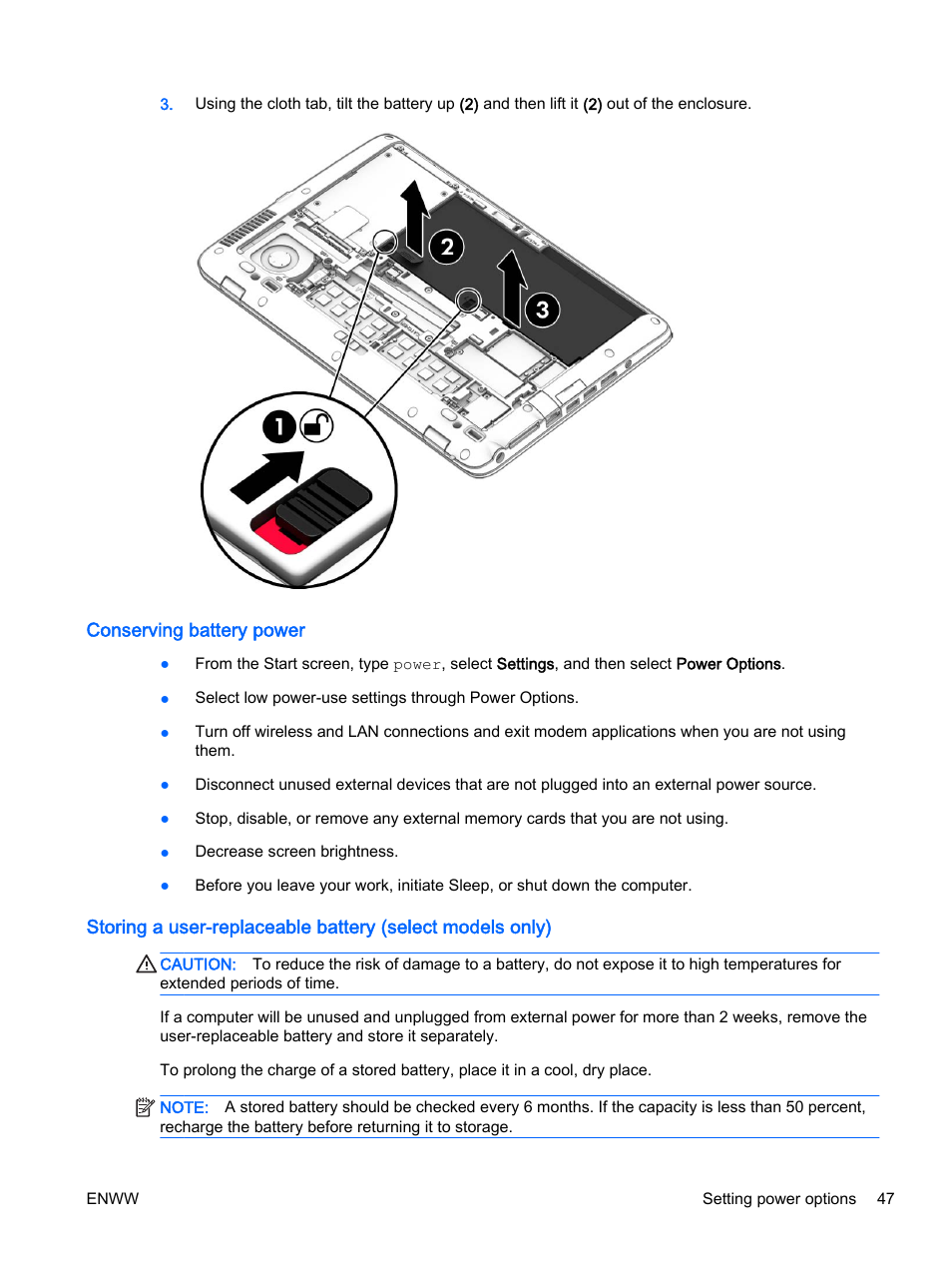 Conserving battery power | HP EliteBook 725 G2 Notebook PC User Manual | Page 57 / 114