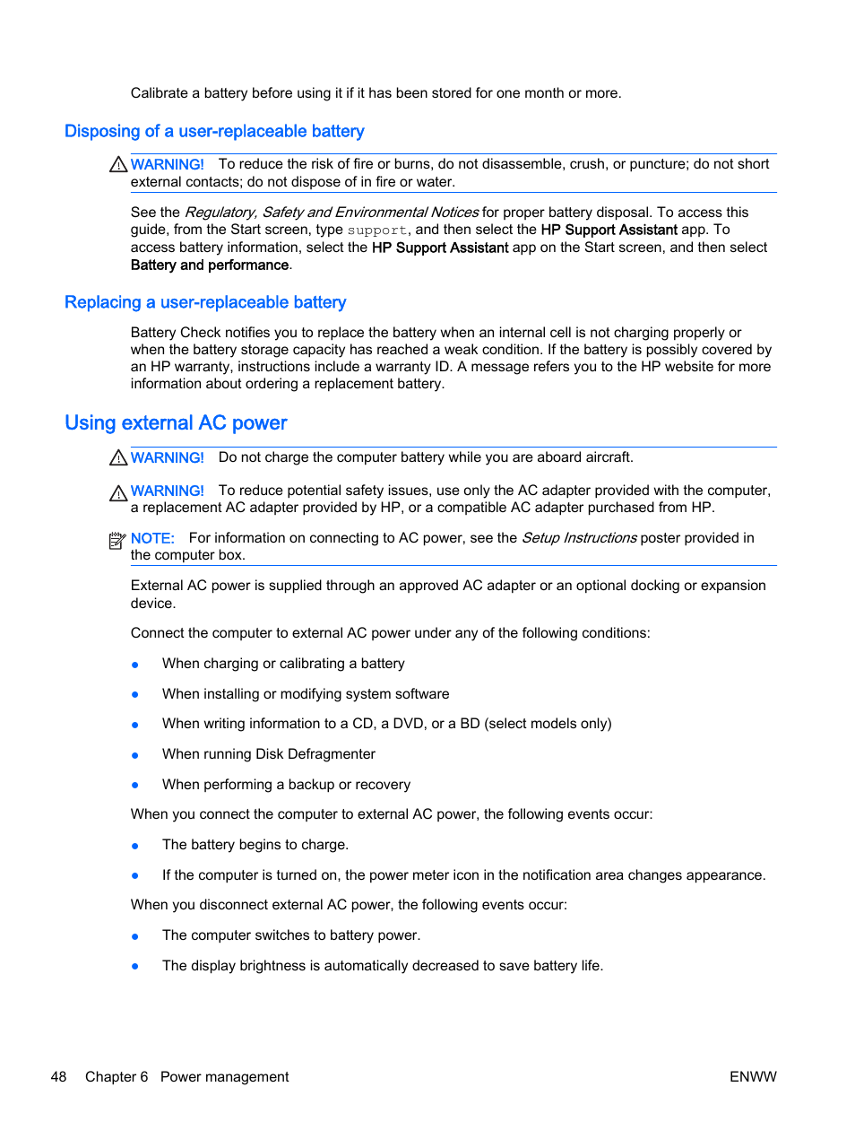 Disposing of a user-replaceable battery, Replacing a user-replaceable battery, Using external ac power | HP EliteBook 725 G2 Notebook PC User Manual | Page 58 / 114