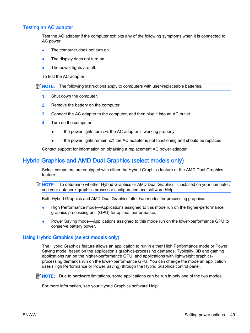 Testing an ac adapter, Using hybrid graphics (select models only) | HP EliteBook 725 G2 Notebook PC User Manual | Page 59 / 114