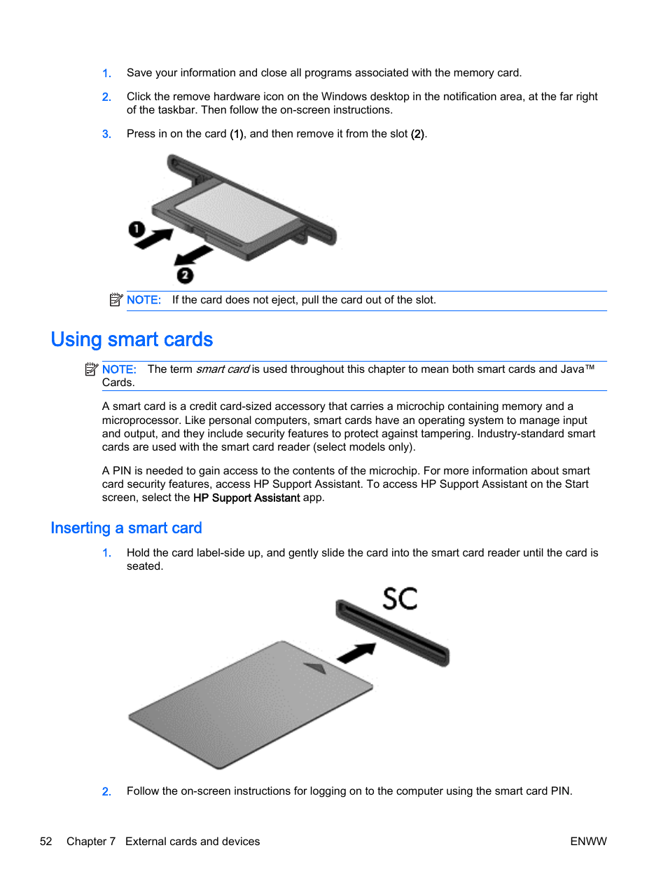 Using smart cards, Inserting a smart card | HP EliteBook 725 G2 Notebook PC User Manual | Page 62 / 114