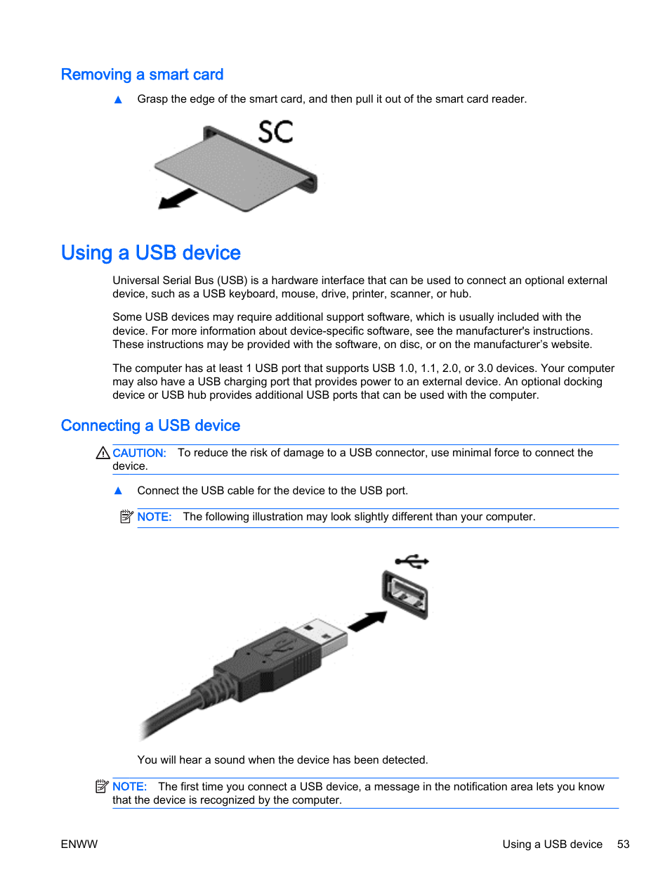 Removing a smart card, Using a usb device, Connecting a usb device | HP EliteBook 725 G2 Notebook PC User Manual | Page 63 / 114