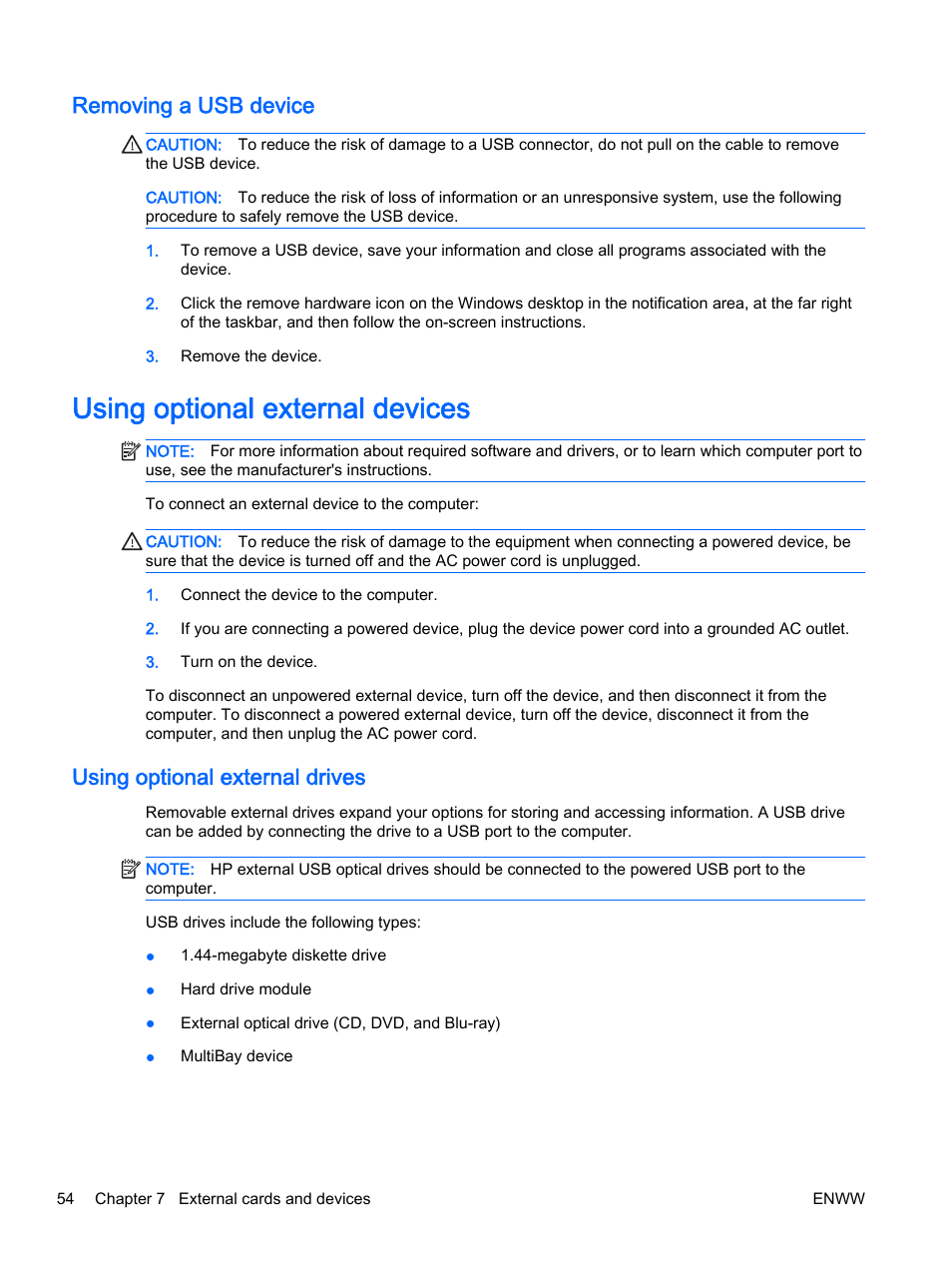 Removing a usb device, Using optional external devices, Using optional external drives | HP EliteBook 725 G2 Notebook PC User Manual | Page 64 / 114