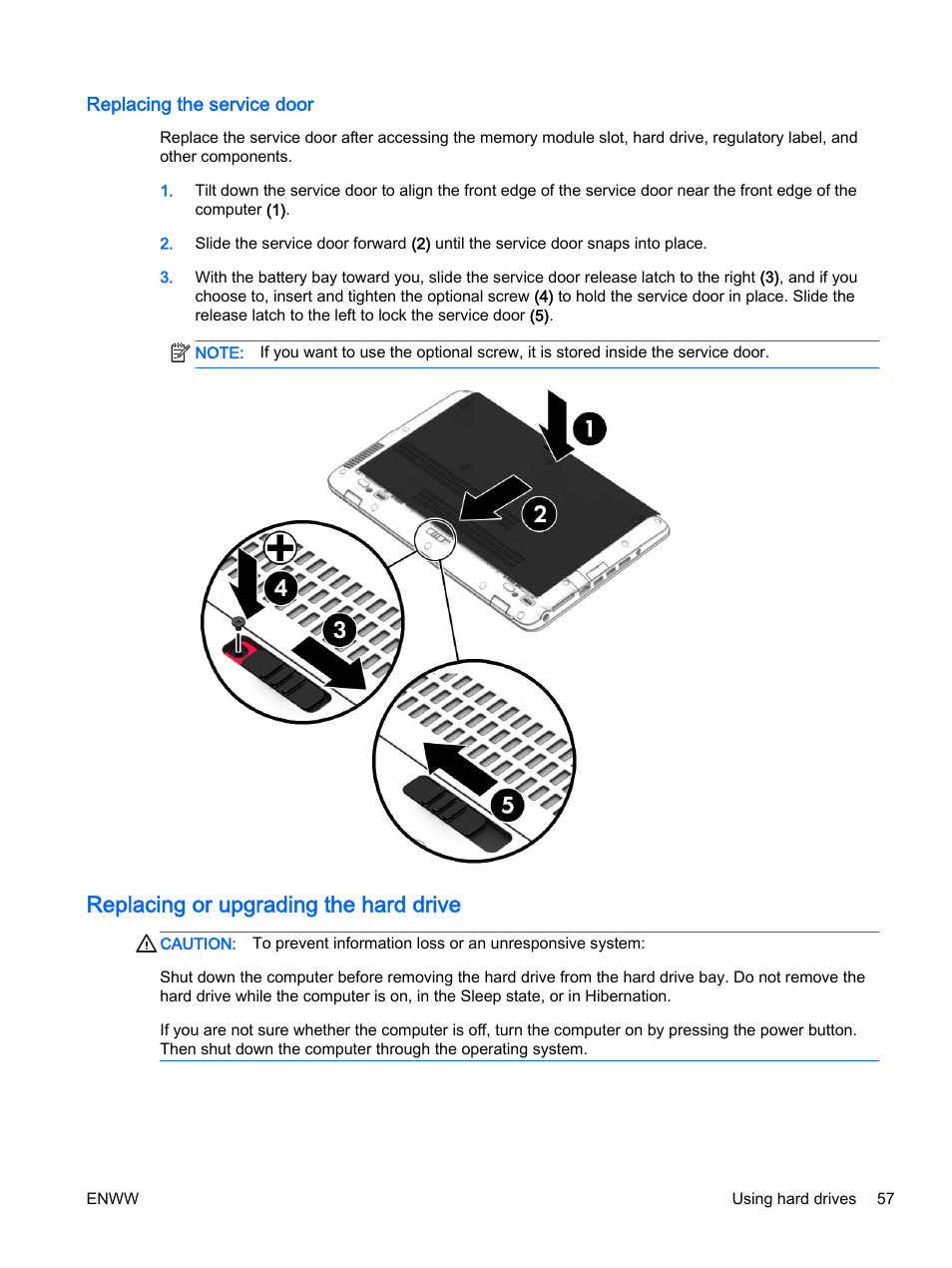 Replacing the service door, Replacing or upgrading the hard drive | HP EliteBook 725 G2 Notebook PC User Manual | Page 67 / 114