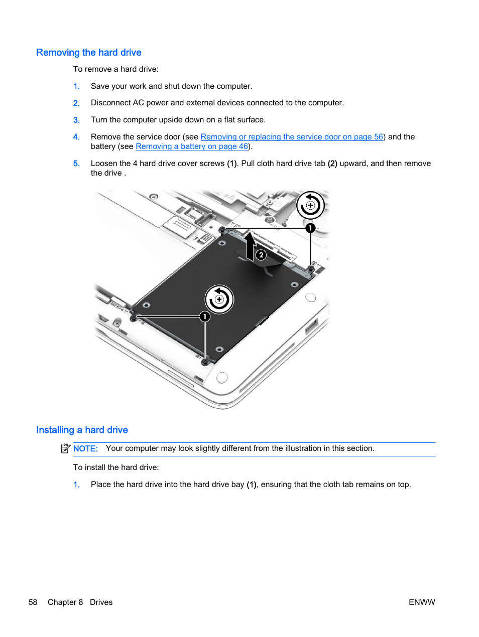 Removing the hard drive, Installing a hard drive, Removing the hard drive installing a hard drive | HP EliteBook 725 G2 Notebook PC User Manual | Page 68 / 114