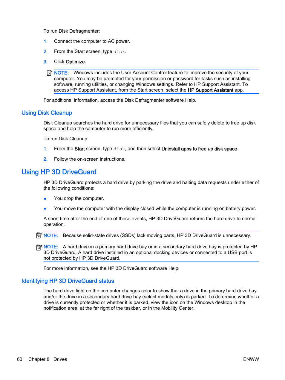 Using disk cleanup, Using hp 3d driveguard, Identifying hp 3d driveguard status | HP EliteBook 725 G2 Notebook PC User Manual | Page 70 / 114