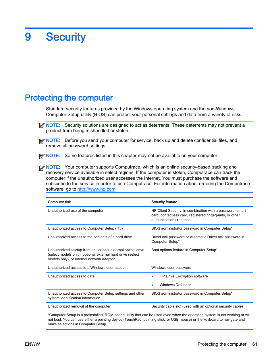 Security, Protecting the computer, 9 security | 9security | HP EliteBook 725 G2 Notebook PC User Manual | Page 71 / 114
