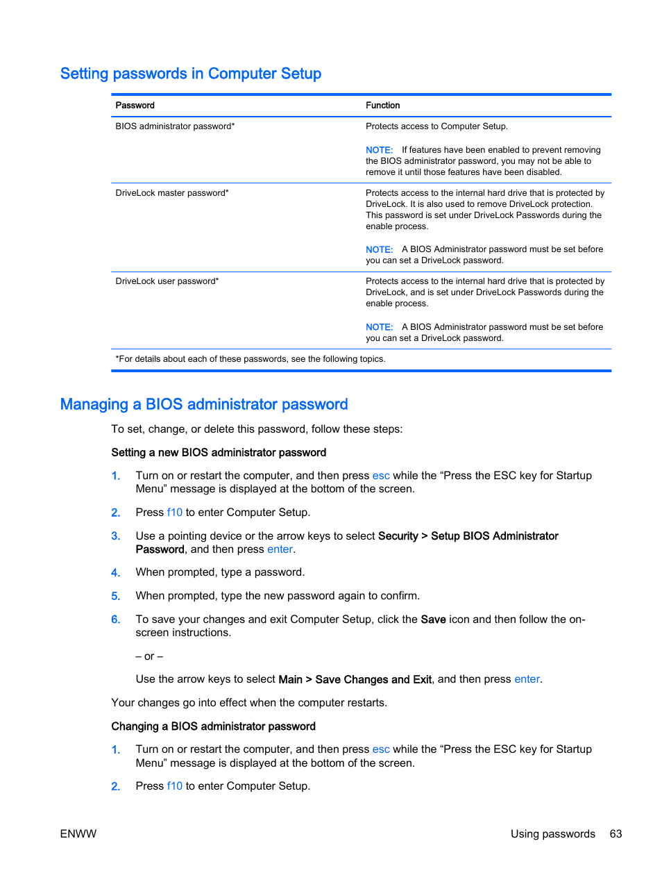 Setting passwords in computer setup, Managing a bios administrator password | HP EliteBook 725 G2 Notebook PC User Manual | Page 73 / 114