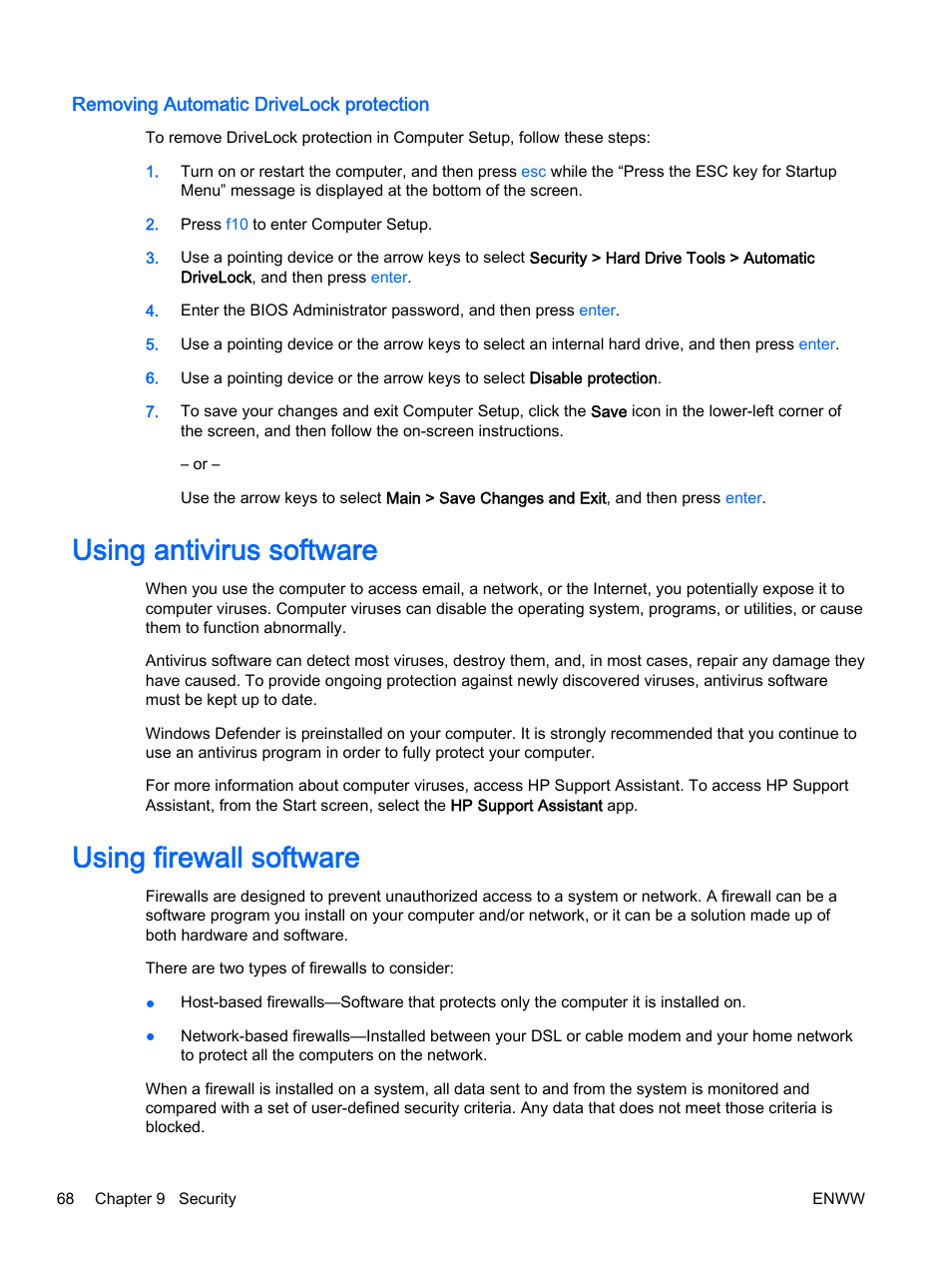 Removing automatic drivelock protection, Using antivirus software, Using firewall software | Using antivirus software using firewall software | HP EliteBook 725 G2 Notebook PC User Manual | Page 78 / 114