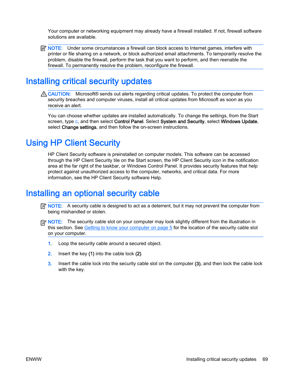 Installing critical security updates, Using hp client security, Installing an optional security cable | HP EliteBook 725 G2 Notebook PC User Manual | Page 79 / 114