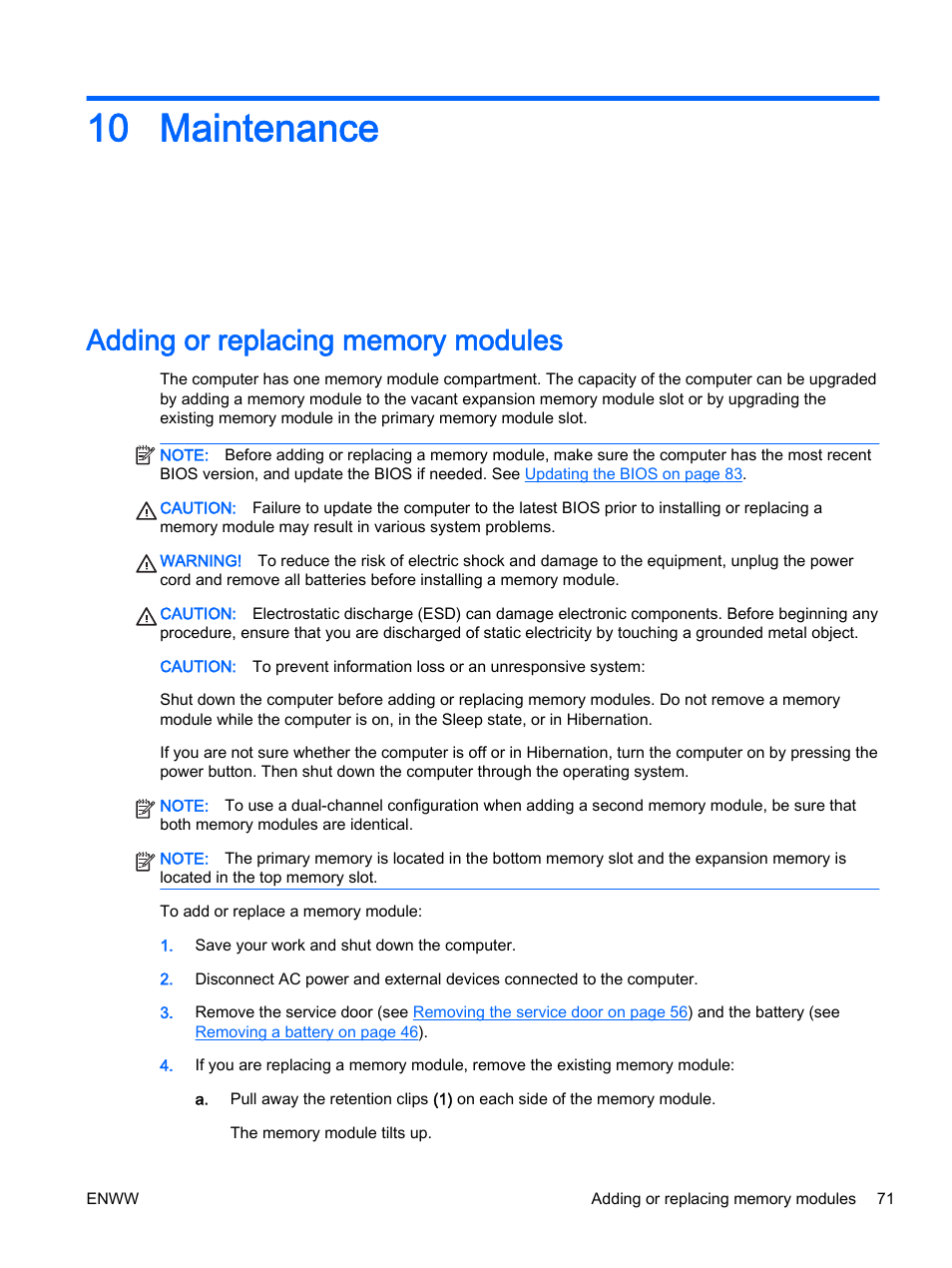 Maintenance, Adding or replacing memory modules, 10 maintenance | HP EliteBook 725 G2 Notebook PC User Manual | Page 81 / 114